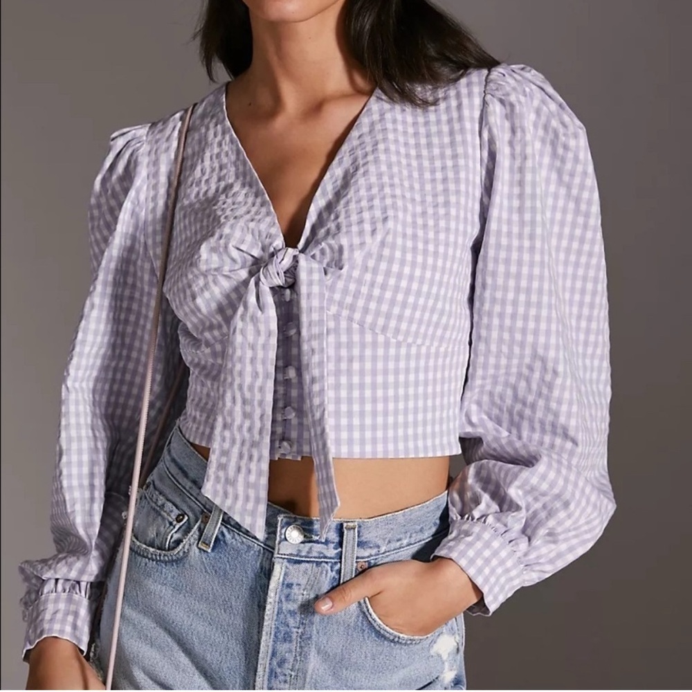 NWT Anthropologie Maeve Cropped Gingham Blouse Lilac Lavender Size 8